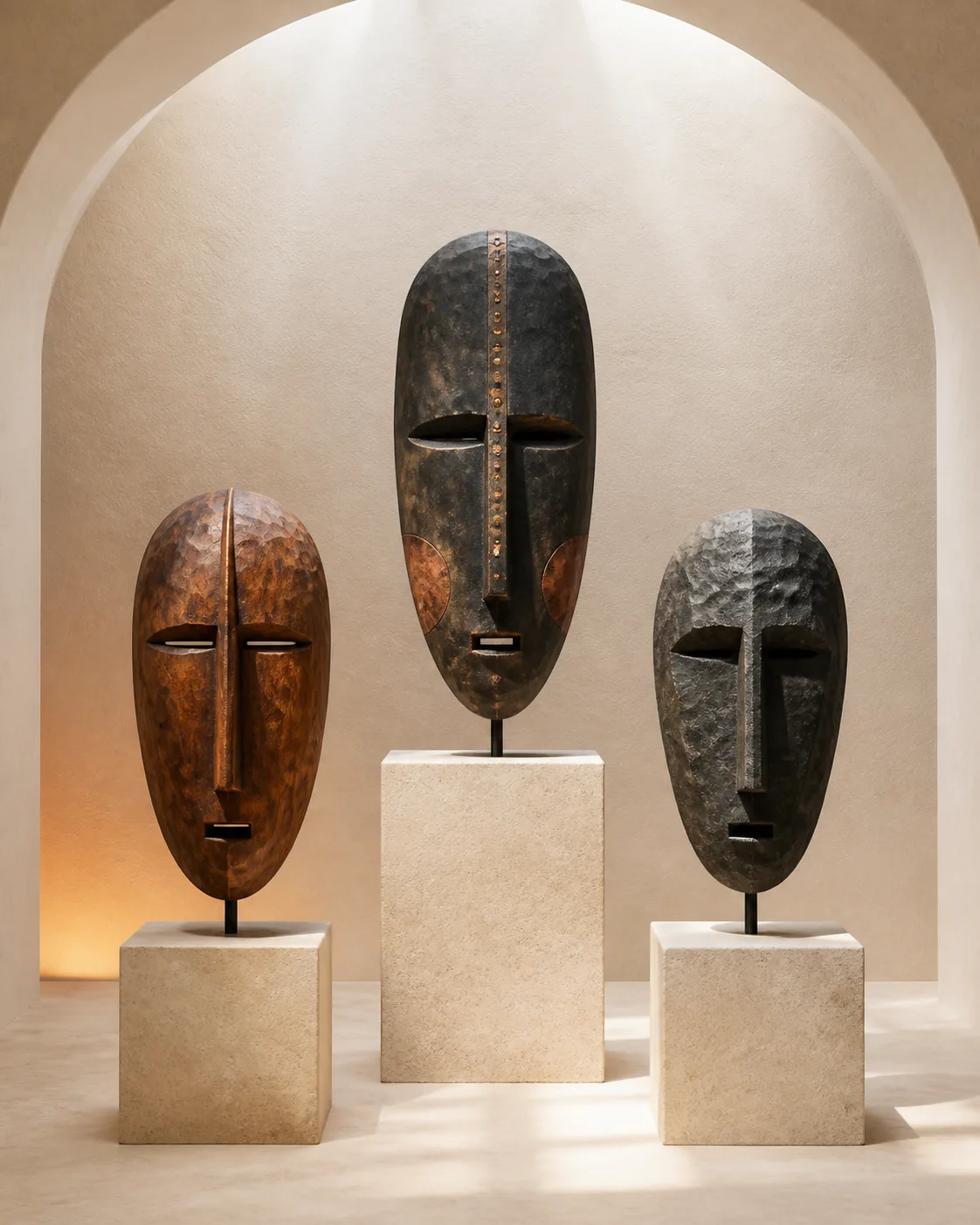Original editorial study of three invented, culturally non-specific material masks on pale museum plinths